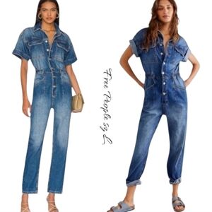 NWT Free People Marci Denim Jumpsuit Blue L